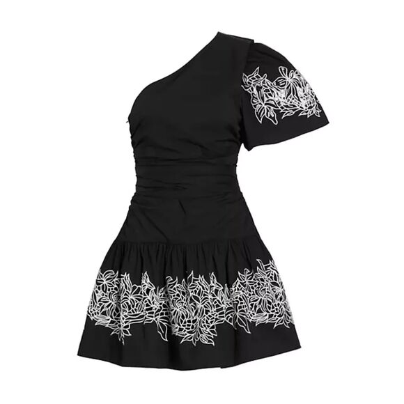 TANYA TAYLOR "Amber" Embroidered One Shoulder Mini Dress in Black Size 20 - Picture 2 of 3